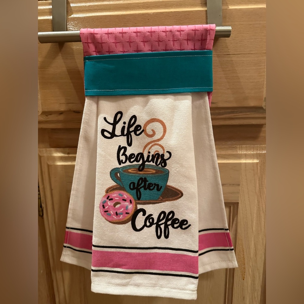 Teal and Pink Coffee Kitchen Towel Set